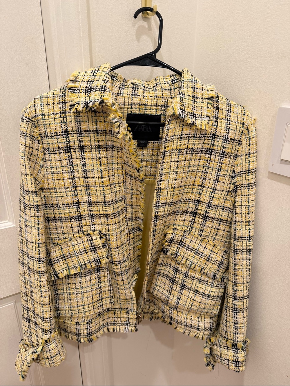 Zara Yellow Plaid Tweed Jacket with Fringe Trim